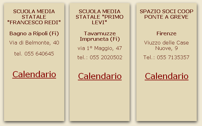 
SPAZIO SOCI COOP 
PONTE A GREVE 


Firenze  
Viuzzo delle Case Nuove, 9   
Tel.: 055 7135357 


Calendario


